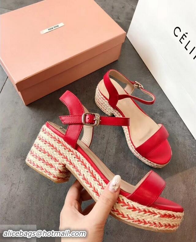 Lower Price Miu Miu Heel 7cm Cord Platform Sandals MM9521 Red 2019