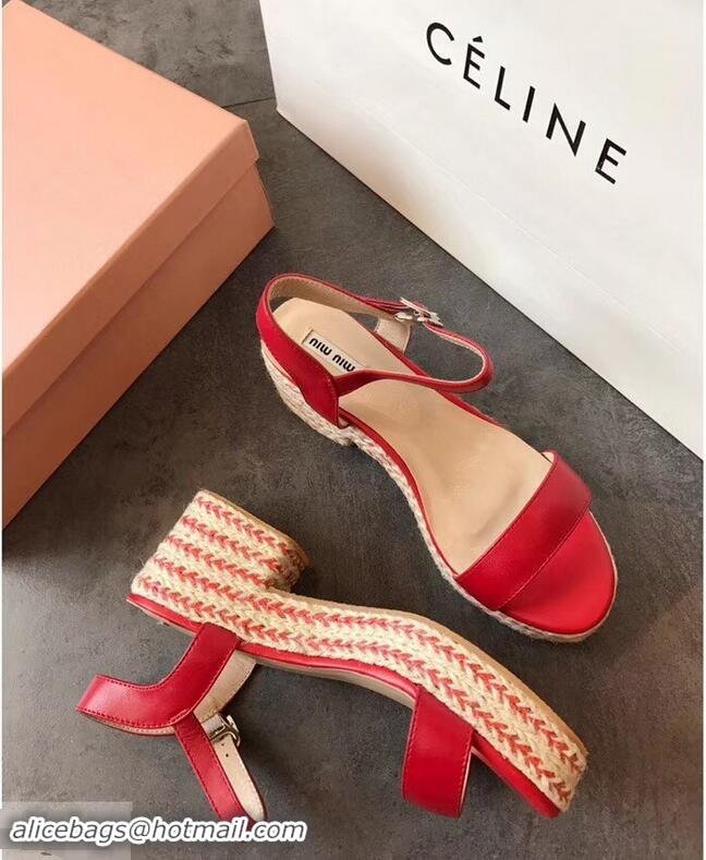 Lower Price Miu Miu Heel 7cm Cord Platform Sandals MM9521 Red 2019