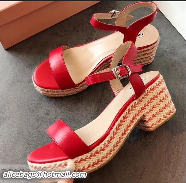 Lower Price Miu Miu Heel 7cm Cord Platform Sandals MM9521 Red 2019