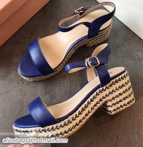 Top Design Miu Miu Heel 7cm Cord Platform Sandals MM9521 Blue 2019