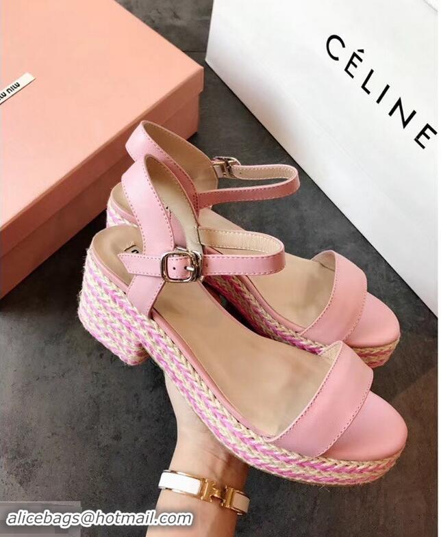 Popular Style Miu Miu Heel 7cm Cord Platform Sandals MM9521 Pink 2019