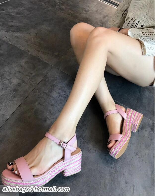 Popular Style Miu Miu Heel 7cm Cord Platform Sandals MM9521 Pink 2019