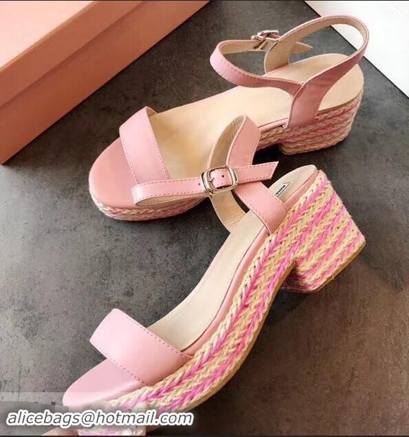 Popular Style Miu Miu Heel 7cm Cord Platform Sandals MM9521 Pink 2019