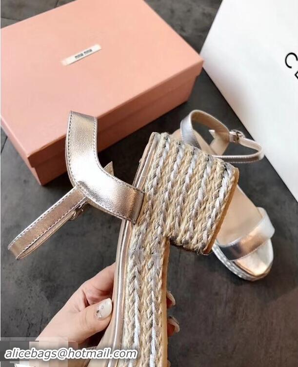 Shop Duplicate Miu Miu Heel 7cm Cord Platform Sandals MM9521 Silver 2019