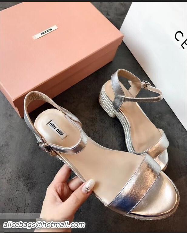 Shop Duplicate Miu Miu Heel 7cm Cord Platform Sandals MM9521 Silver 2019