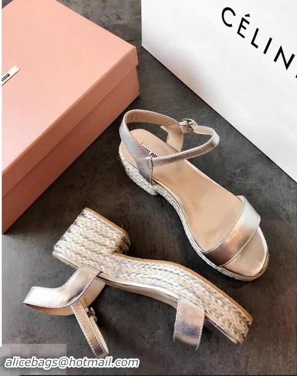 Shop Duplicate Miu Miu Heel 7cm Cord Platform Sandals MM9521 Silver 2019