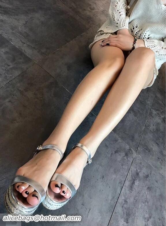 Shop Duplicate Miu Miu Heel 7cm Cord Platform Sandals MM9521 Silver 2019