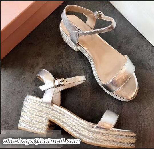 Shop Duplicate Miu Miu Heel 7cm Cord Platform Sandals MM9521 Silver 2019