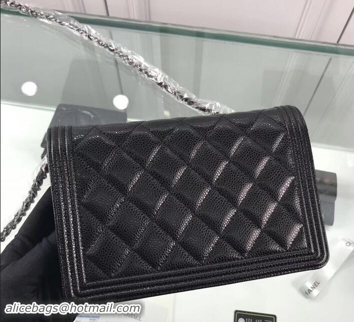 Top Design Chanel Grained Leather Boy Wallet On Chain WOC Bag A80287 Black/Silver