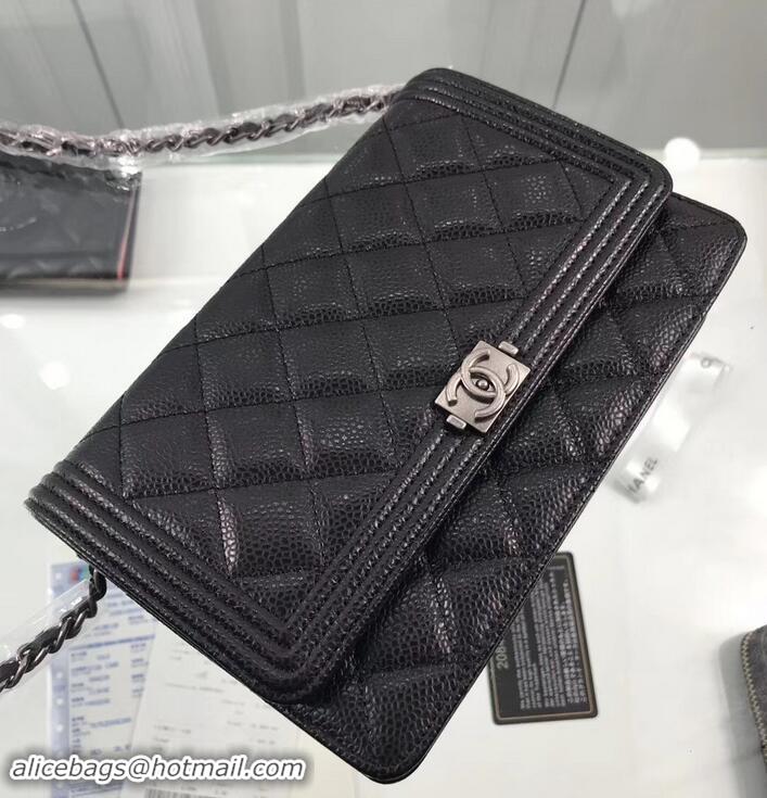 Top Design Chanel Grained Leather Boy Wallet On Chain WOC Bag A80287 Black/Silver