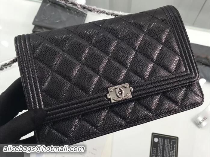 Top Design Chanel Grained Leather Boy Wallet On Chain WOC Bag A80287 Black/Silver