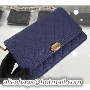 Good Looking Chanel Grained Leather Boy Wallet On Chain WOC Bag A80287 Navy Blue/Gold