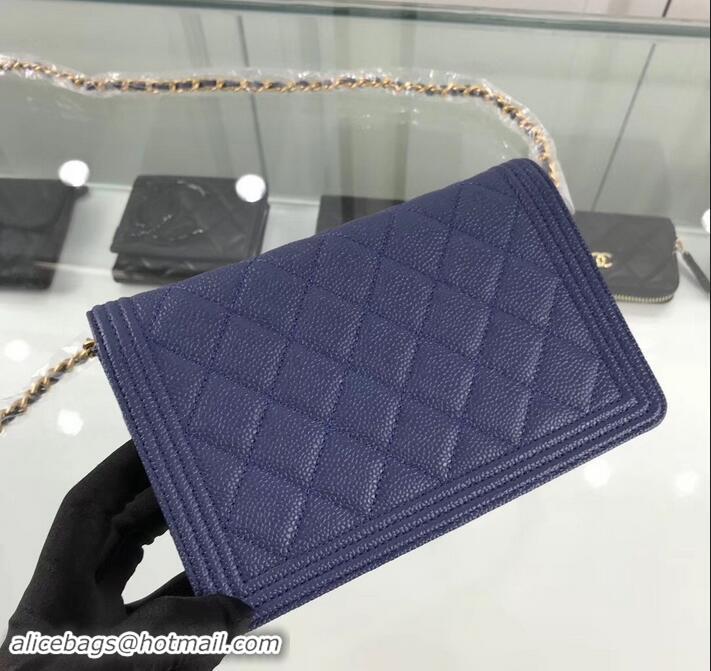 Good Looking Chanel Grained Leather Boy Wallet On Chain WOC Bag A80287 Navy Blue/Gold