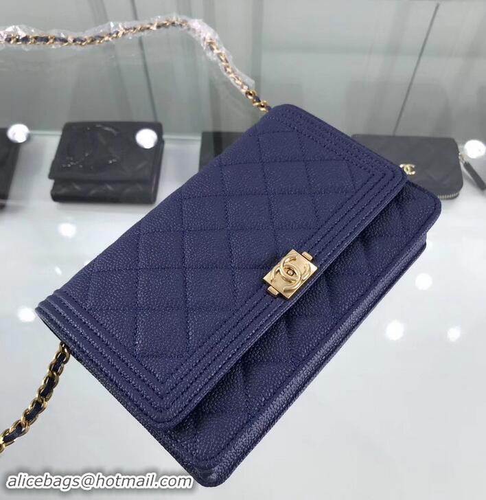 Good Looking Chanel Grained Leather Boy Wallet On Chain WOC Bag A80287 Navy Blue/Gold