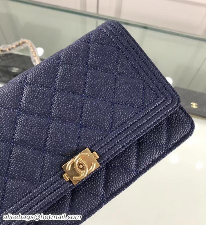 Good Looking Chanel Grained Leather Boy Wallet On Chain WOC Bag A80287 Navy Blue/Gold