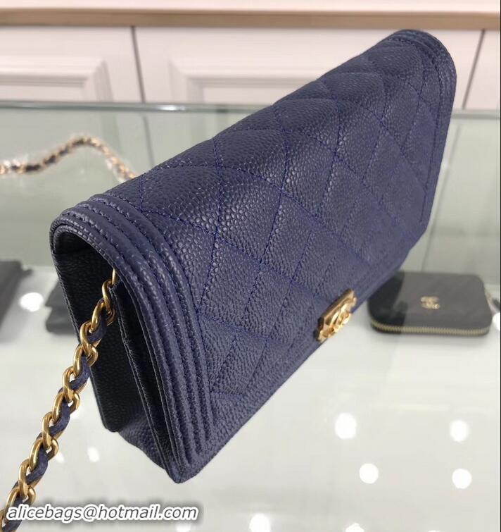 Good Looking Chanel Grained Leather Boy Wallet On Chain WOC Bag A80287 Navy Blue/Gold