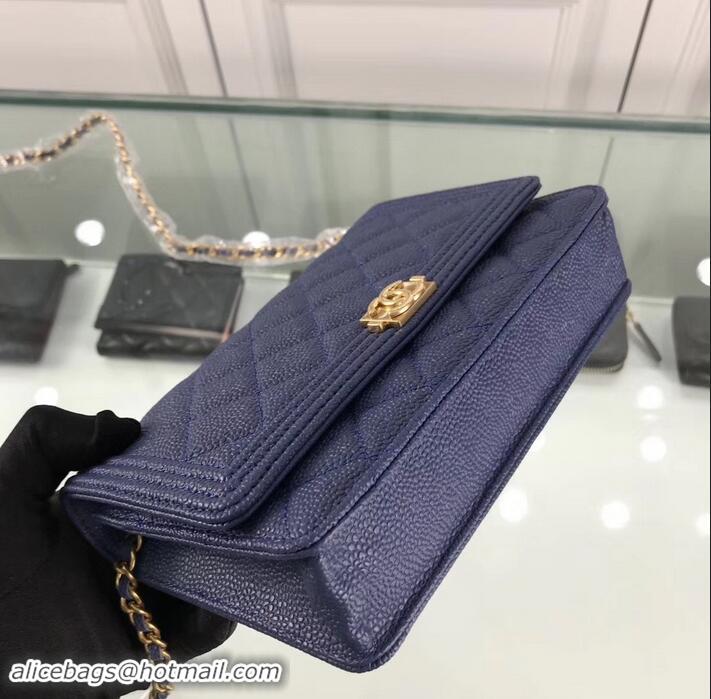 Good Looking Chanel Grained Leather Boy Wallet On Chain WOC Bag A80287 Navy Blue/Gold