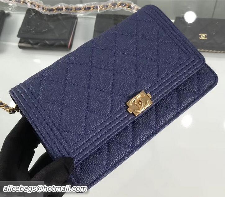 Good Looking Chanel Grained Leather Boy Wallet On Chain WOC Bag A80287 Navy Blue/Gold