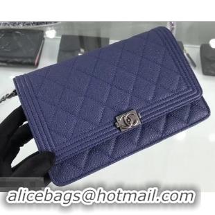 New Design Chanel Grained Leather Boy Wallet On Chain WOC Bag A80287 Navy Blue/Silver