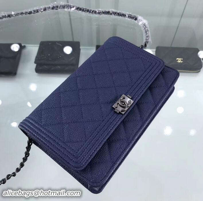 New Design Chanel Grained Leather Boy Wallet On Chain WOC Bag A80287 Navy Blue/Silver