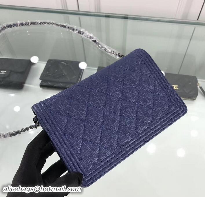 New Design Chanel Grained Leather Boy Wallet On Chain WOC Bag A80287 Navy Blue/Silver