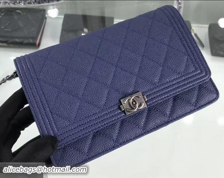 New Design Chanel Grained Leather Boy Wallet On Chain WOC Bag A80287 Navy Blue/Silver