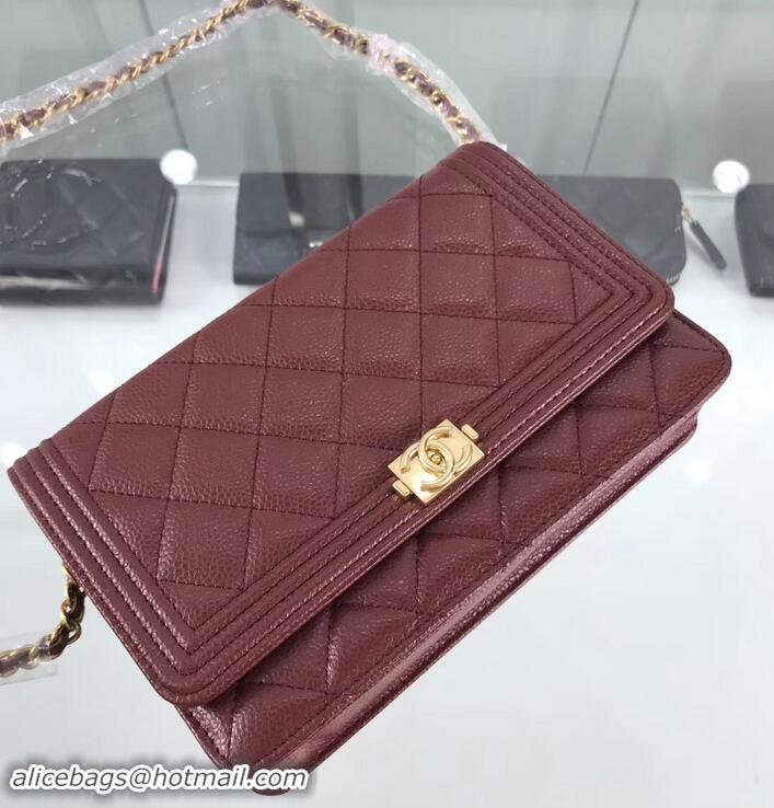 Unique Style Chanel Grained Leather Boy Wallet On Chain WOC Bag A80287 Burgundy/Gold