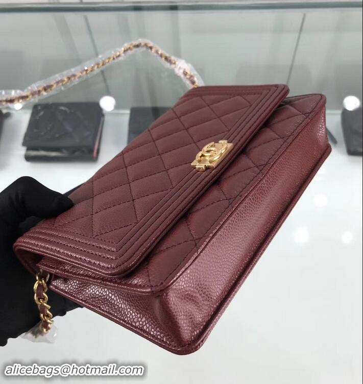 Unique Style Chanel Grained Leather Boy Wallet On Chain WOC Bag A80287 Burgundy/Gold