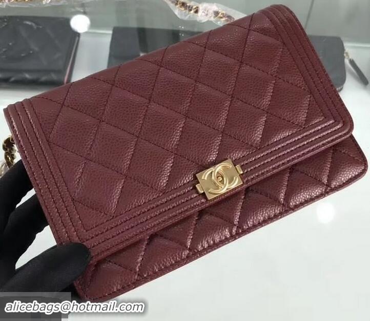 Unique Style Chanel Grained Leather Boy Wallet On Chain WOC Bag A80287 Burgundy/Gold