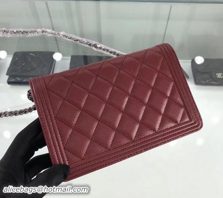 Charming Chanel Grained Leather Boy Wallet On Chain WOC Bag A80287 Burgundy/Silver