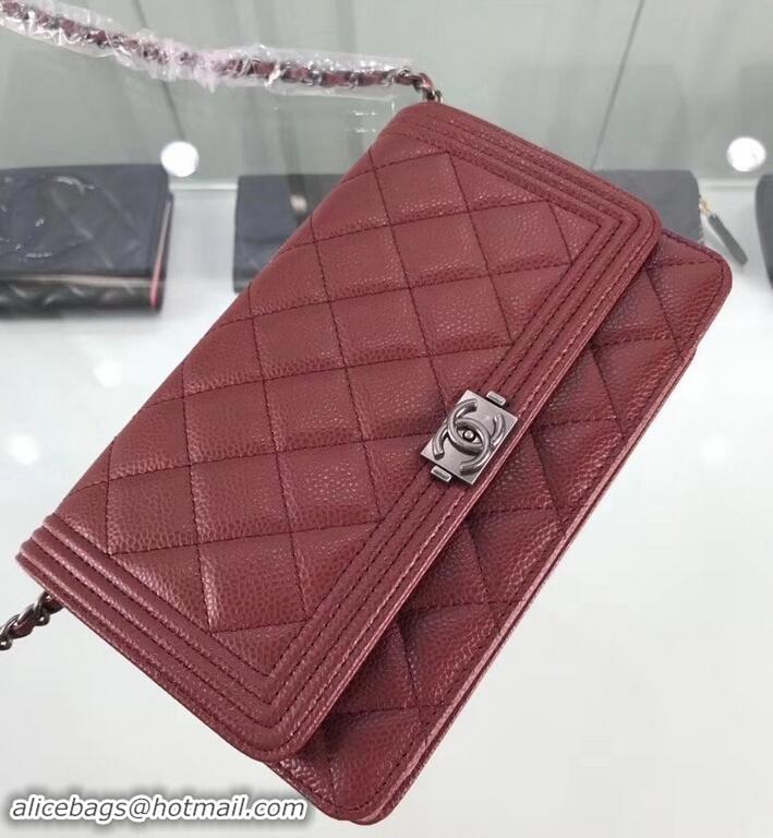 Charming Chanel Grained Leather Boy Wallet On Chain WOC Bag A80287 Burgundy/Silver