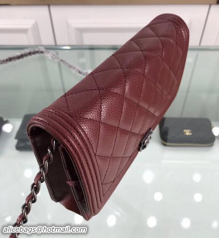 Charming Chanel Grained Leather Boy Wallet On Chain WOC Bag A80287 Burgundy/Silver