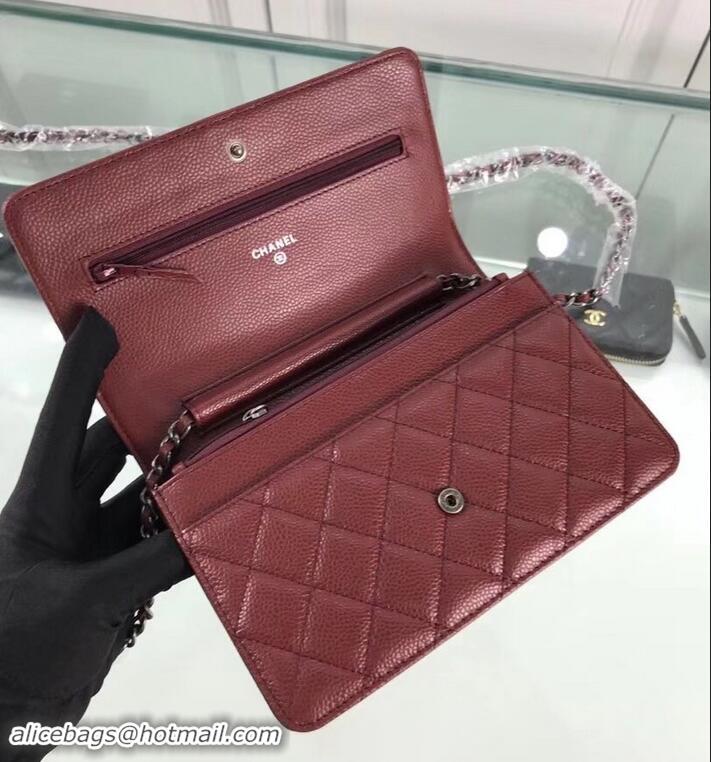 Charming Chanel Grained Leather Boy Wallet On Chain WOC Bag A80287 Burgundy/Silver