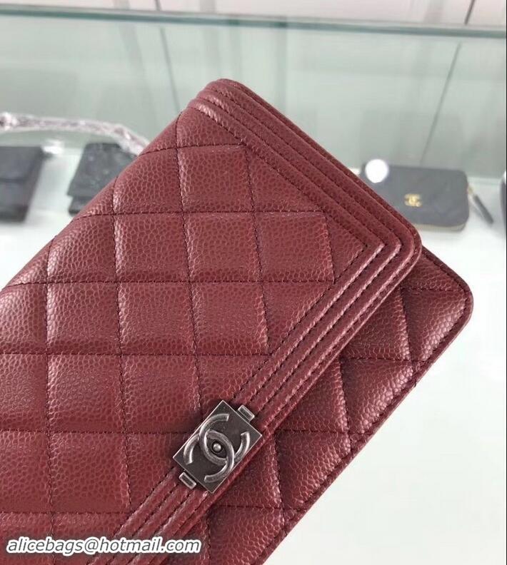 Charming Chanel Grained Leather Boy Wallet On Chain WOC Bag A80287 Burgundy/Silver