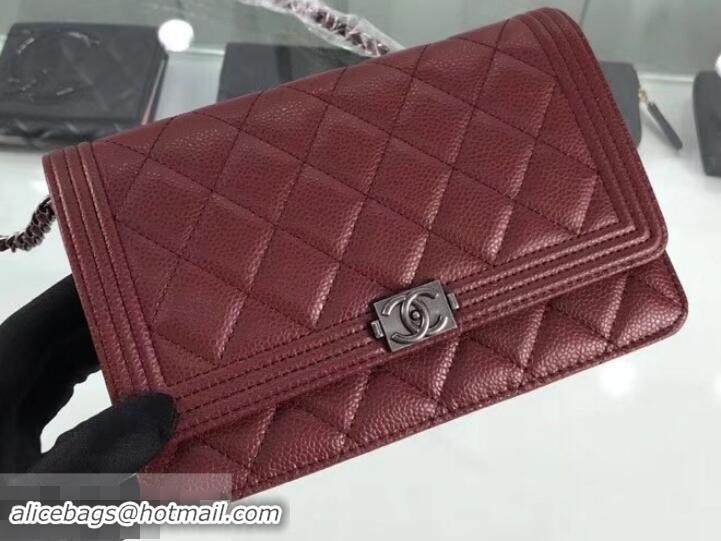 Charming Chanel Grained Leather Boy Wallet On Chain WOC Bag A80287 Burgundy/Silver