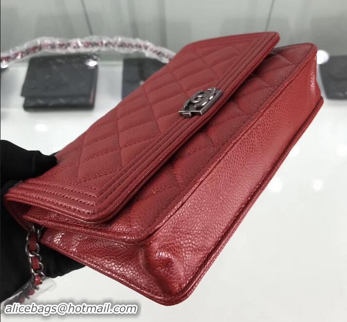 Good Product Chanel Grained Leather Boy Wallet On Chain WOC Bag A80287 Red/Silver