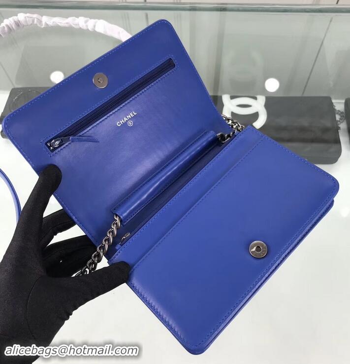 Affordable Price Chanel Lambskin Boy Wallet On Chain WOC Bag A81969 Blue/Silver 2019