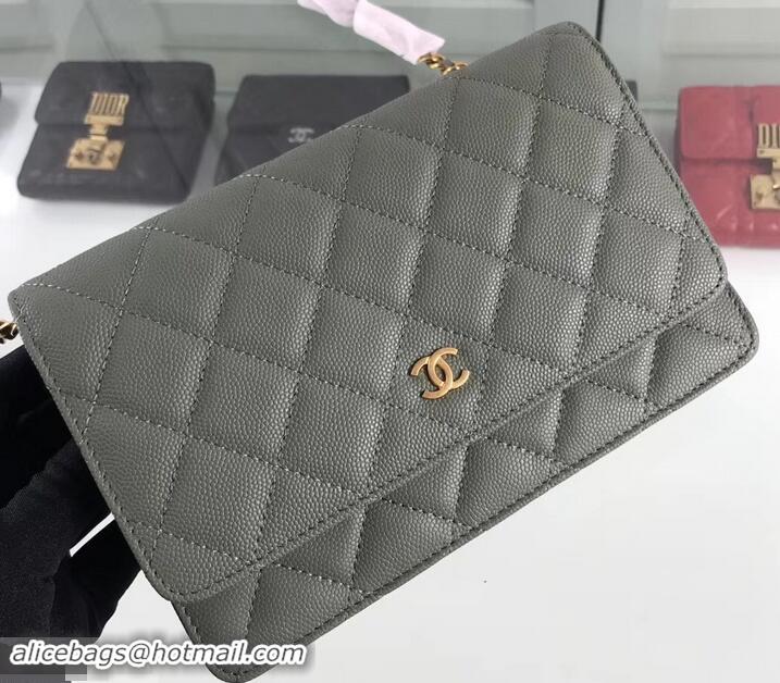 Grade Chanel Caviar Leather Wallet On Chain WOC Bag A33814 Light Army Green 2019