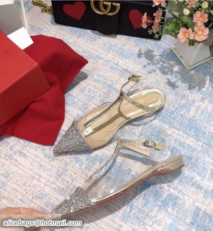 Top Quality Christian Louboutin PVC/Calfskin Sequin Trim Flat Sandals CL8211 Silver