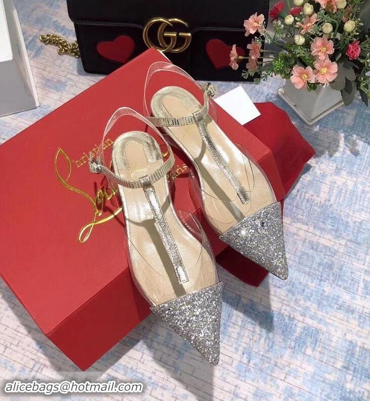 Top Quality Christian Louboutin PVC/Calfskin Sequin Trim Flat Sandals CL8211 Silver