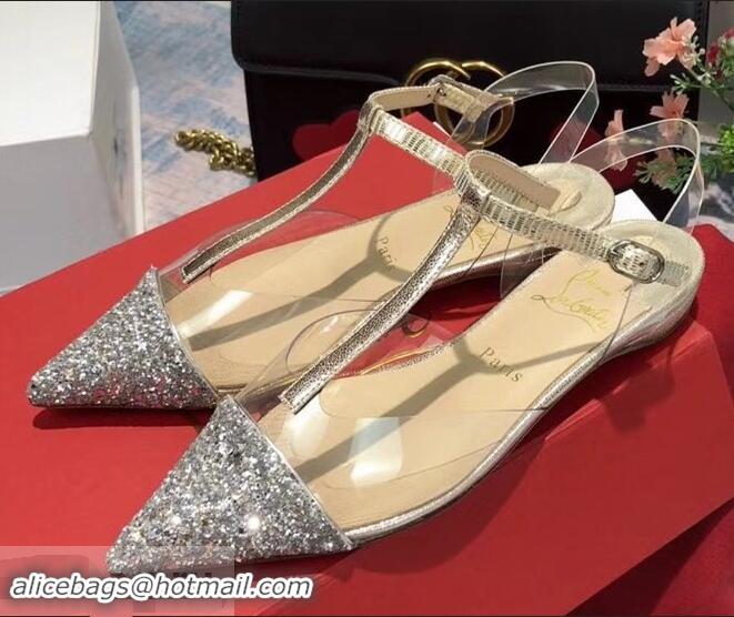 Top Quality Christian Louboutin PVC/Calfskin Sequin Trim Flat Sandals CL8211 Silver