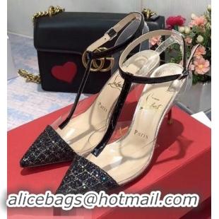 Low Price Christian Louboutin Heel 8.5cm PVC/Calfskin Sequins Trim Sandals CL8116 Black