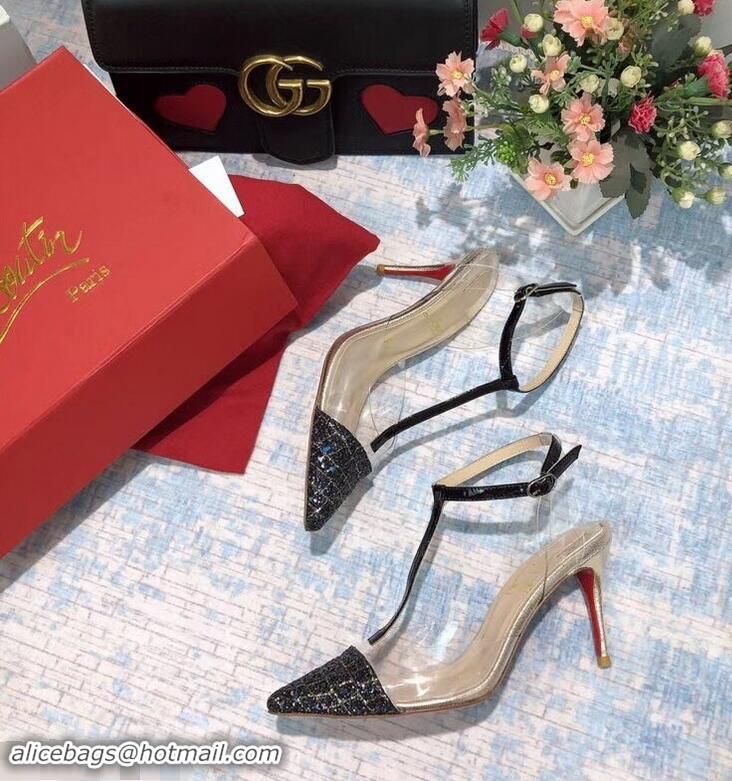 Low Price Christian Louboutin Heel 8.5cm PVC/Calfskin Sequins Trim Sandals CL8116 Black