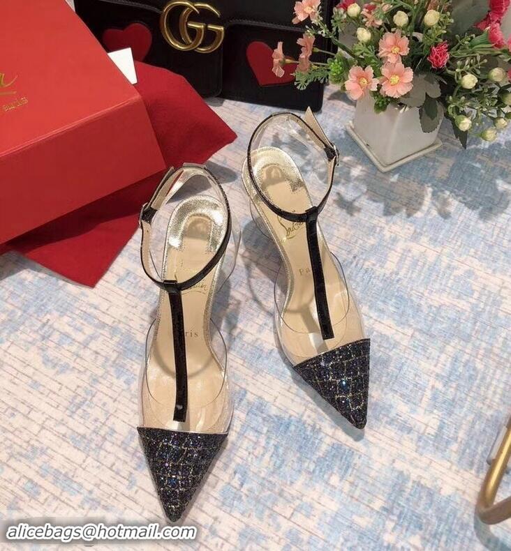 Low Price Christian Louboutin Heel 8.5cm PVC/Calfskin Sequins Trim Sandals CL8116 Black