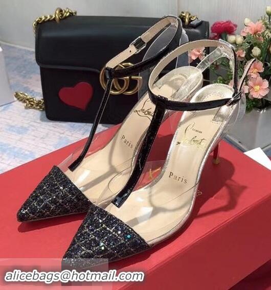 Low Price Christian Louboutin Heel 8.5cm PVC/Calfskin Sequins Trim Sandals CL8116 Black