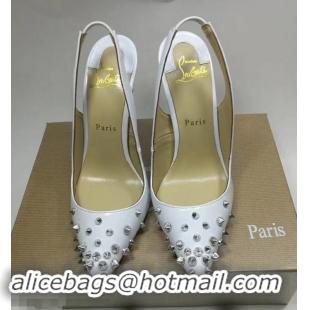 Discount Christian Louboutin Drama Studded leather Slingback Pumps CL6545 White