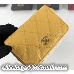 Duplicate Chanel Caviar Leather Classic Zipped Card Holder A69271 Yellow