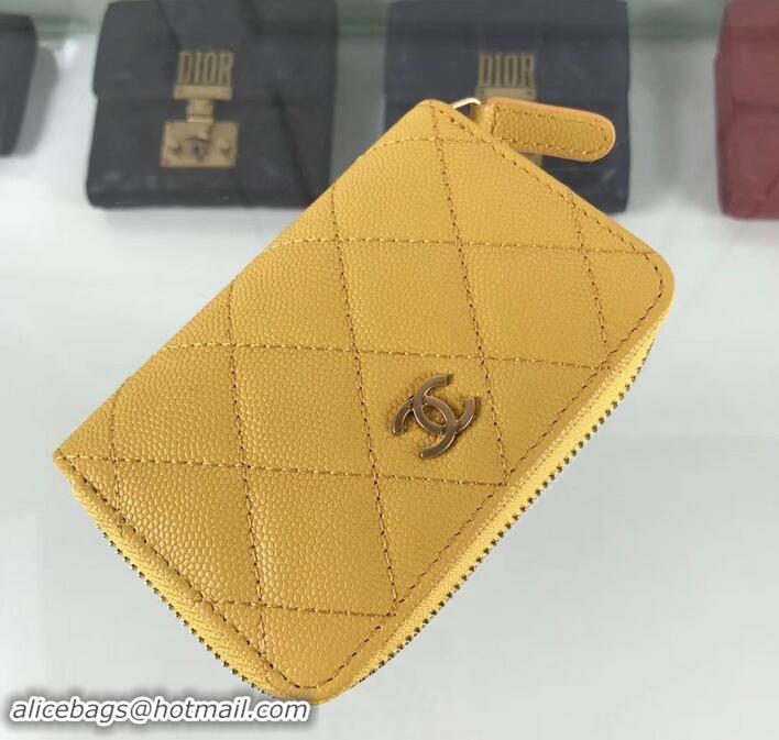 Duplicate Chanel Caviar Leather Classic Zipped Card Holder A69271 Yellow