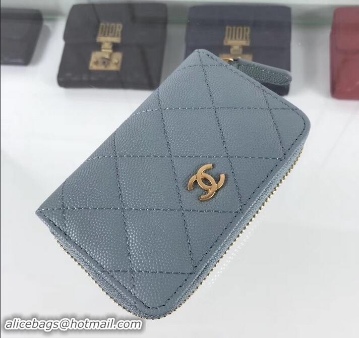 Luxury Chanel Caviar Leather Classic Zipped Card Holder A69271 Light Gray