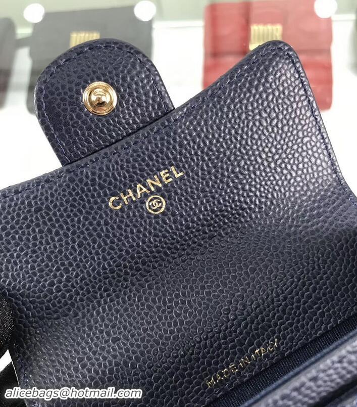 Luxury Chanel Grained Leather Classic Flap Card Holder A80799 Navy Blue/Gold